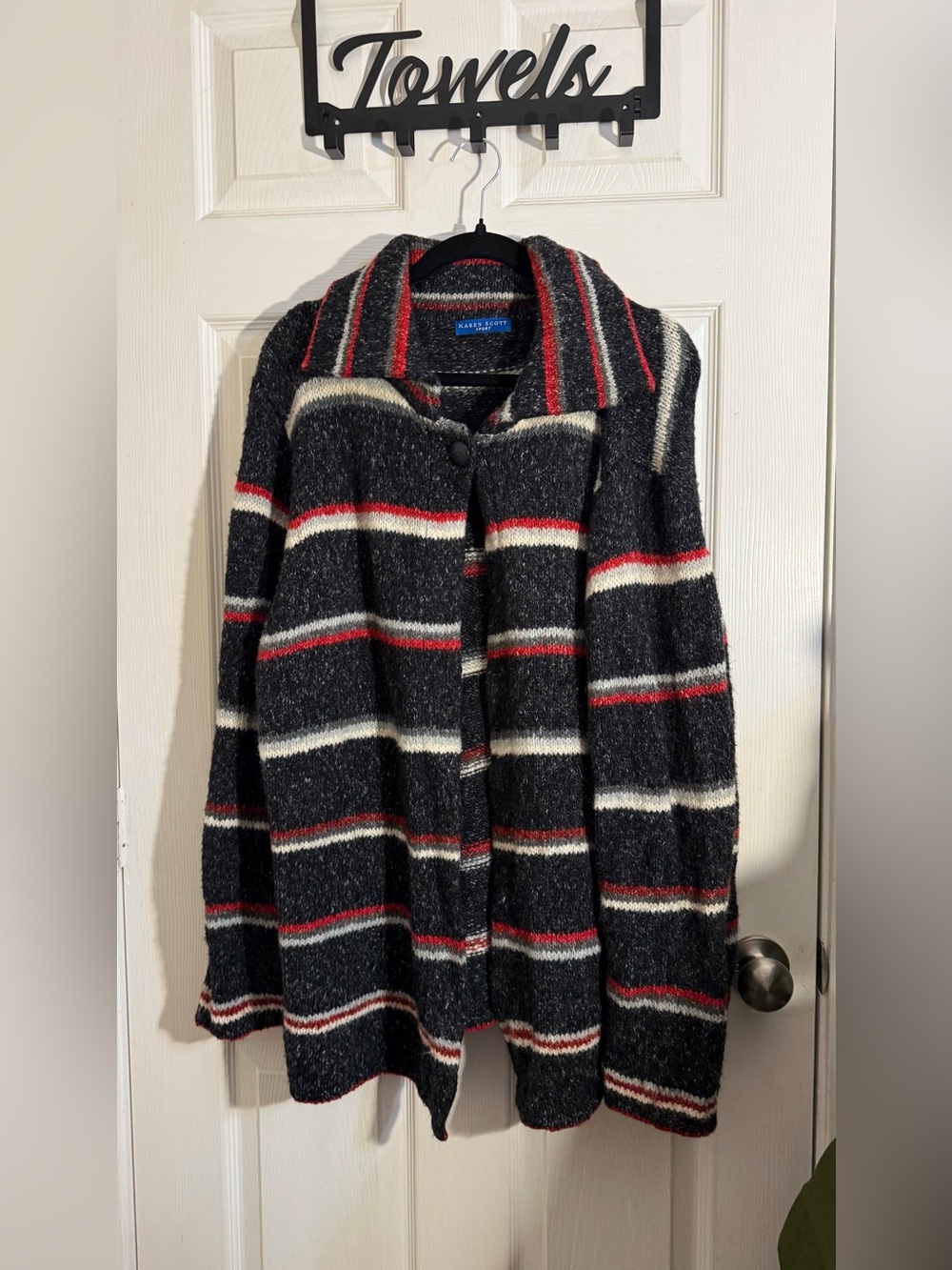 Karen Scott Black Striped One Button-Front Coatigan with Red & Cream Accents XL